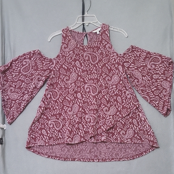 LUCKY BRAND Women's Deep Red High-Low Cold Shoulder Blouse - Size Large - Picture 1 of 16